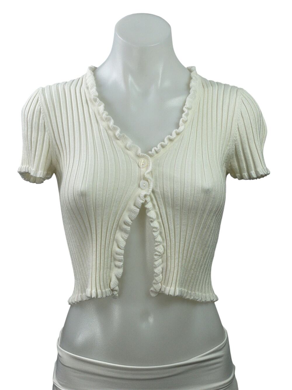 Isalis Women's Cream Short Sleeve Ribbed Knit Ruffle Cardigan Crop Top Size S